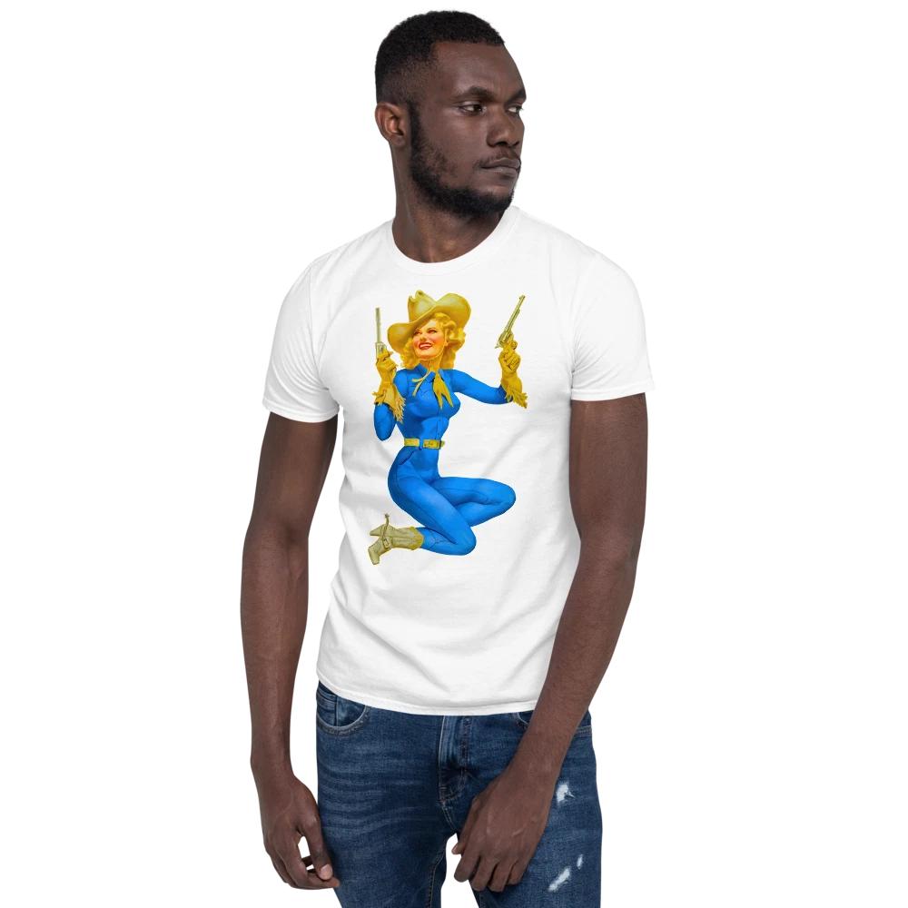 

Pin Up COWGIRL & 2 PISTOLS - Short-Sleeve Unisex 100% Cotton T-shirt Mens Tees Top 3XL