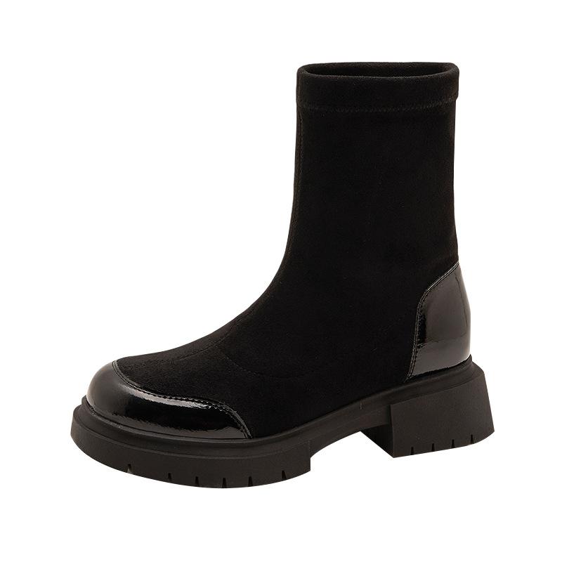 Black boots women's long boots thick-soled 2025 new autumn and winter thick-heeled elastic thin boots women's one-pedal casual shoes