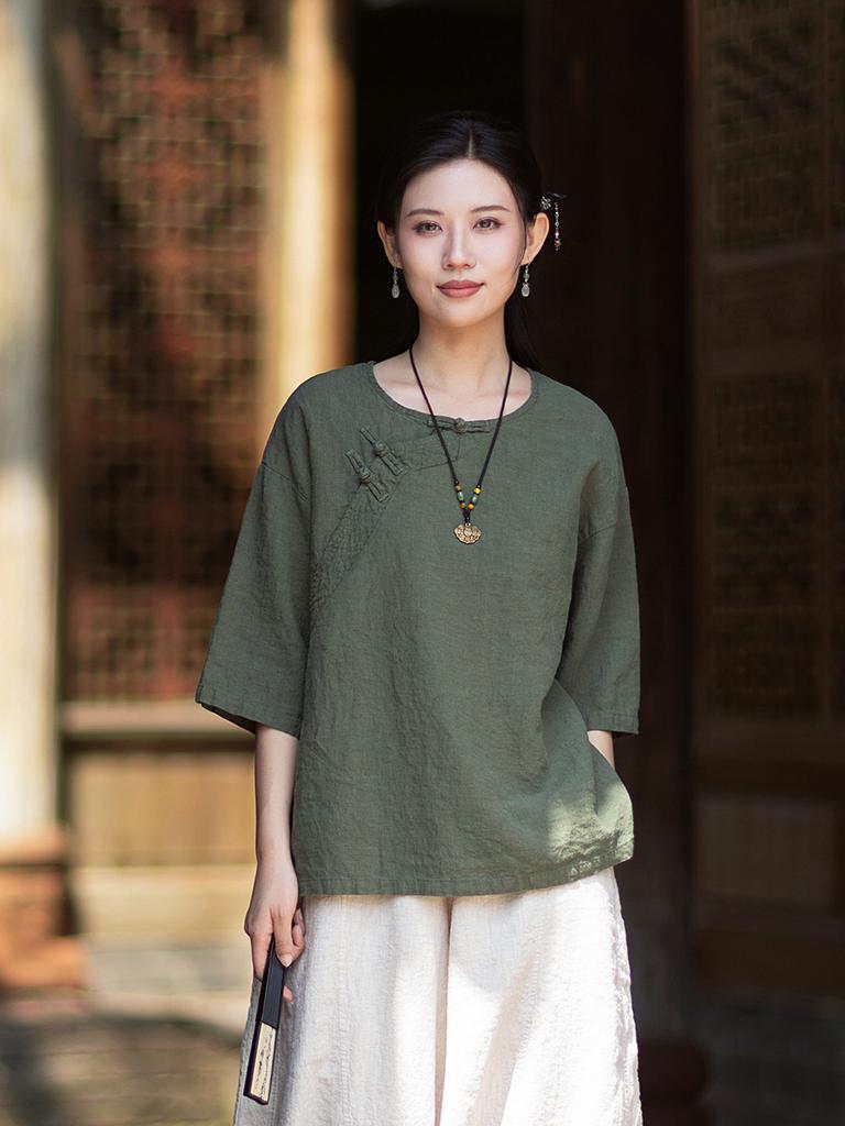Johnature Women Vintage T-Shirts Summer Chinese Style Solid Color Loose O-Neck Seven Sleeve T-Shirts