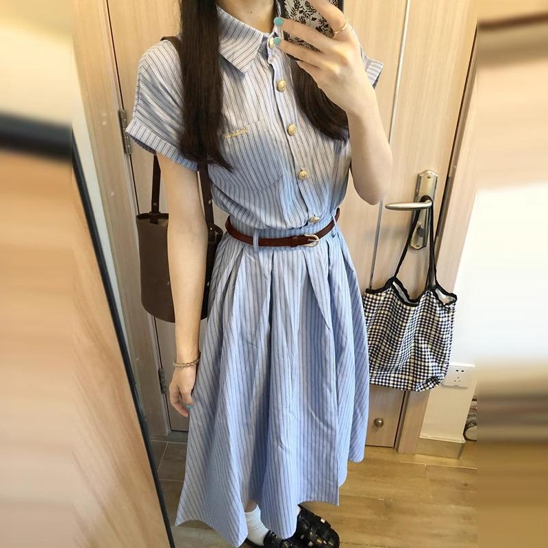 Large Size French Blue Striped Shirt Dress Summer Fat MM Literary Retro POLO Collar Thin Waist Dress