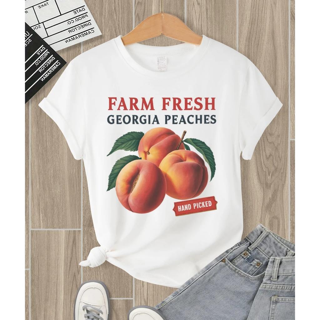 Pesche della Georgia Fresche dalla Fattoria Modello Raccolto a Mano T-Shirt da Donna Hip Hop T-Shirt Traspirante Abbigliamento Casual Morbido Girocollo Sportswear