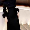 Women's Elegant Black Fleece-Lined Long Dress Coat - Slimming Chinese Style for Winter 2025