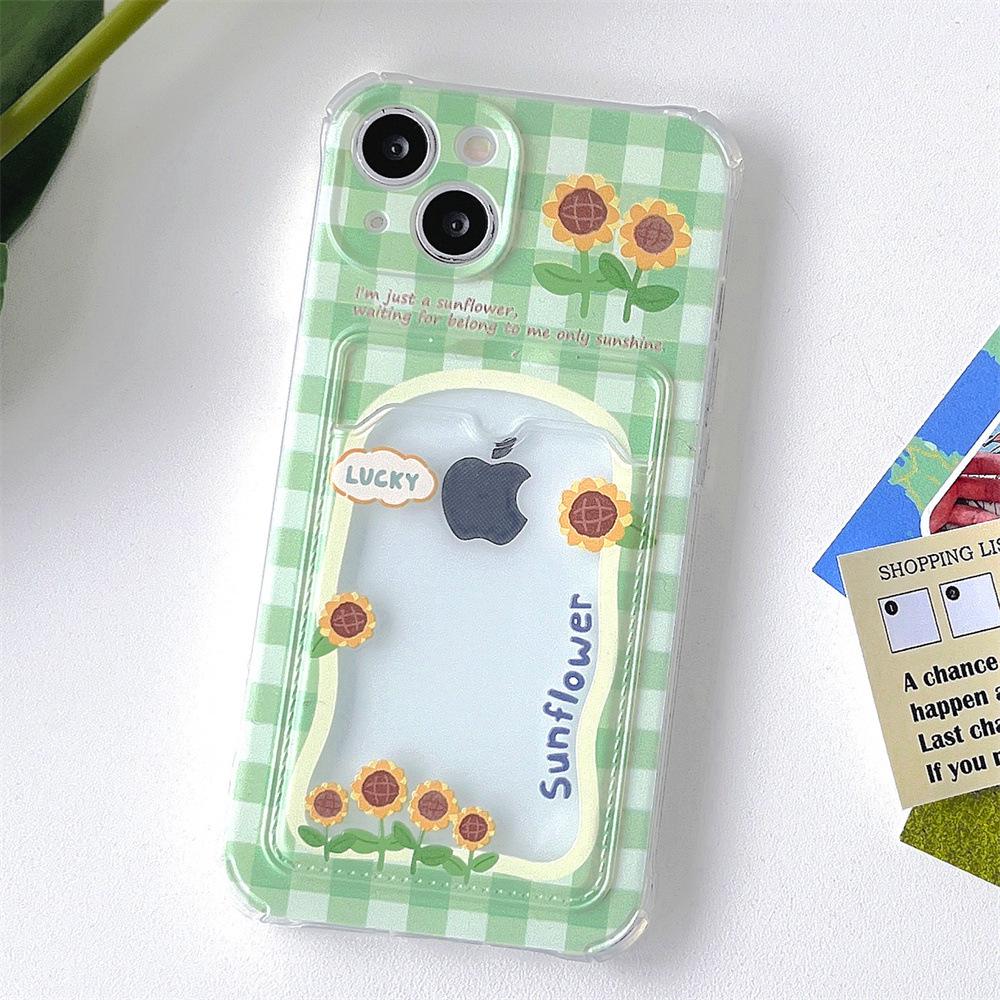 Sunflower Green Grid iPhone Case with Card Slot, Compatible with 14, 15, 16 Pro Max, 12 Pro, 11, 13 Models