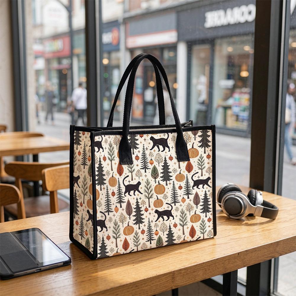 Autumn Cat Pumpkin Print Tote Bag Casual Large Capacity Shoulder Handbag for Daily Use