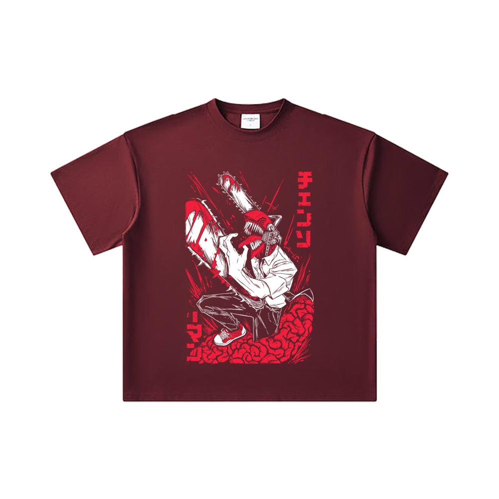

260 GSM Double Yarn 32 Count 100% Cotton Chainsaw Man V28 Denji Print Unisex Heavy Cotton T Shirt 2XL вина червоного кольору