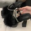 Sexy Slippers Women Rhinestone Fluffy Feather Sandals Platform Chunky High Heels Party Nightclub Ladies Mules Shoes
