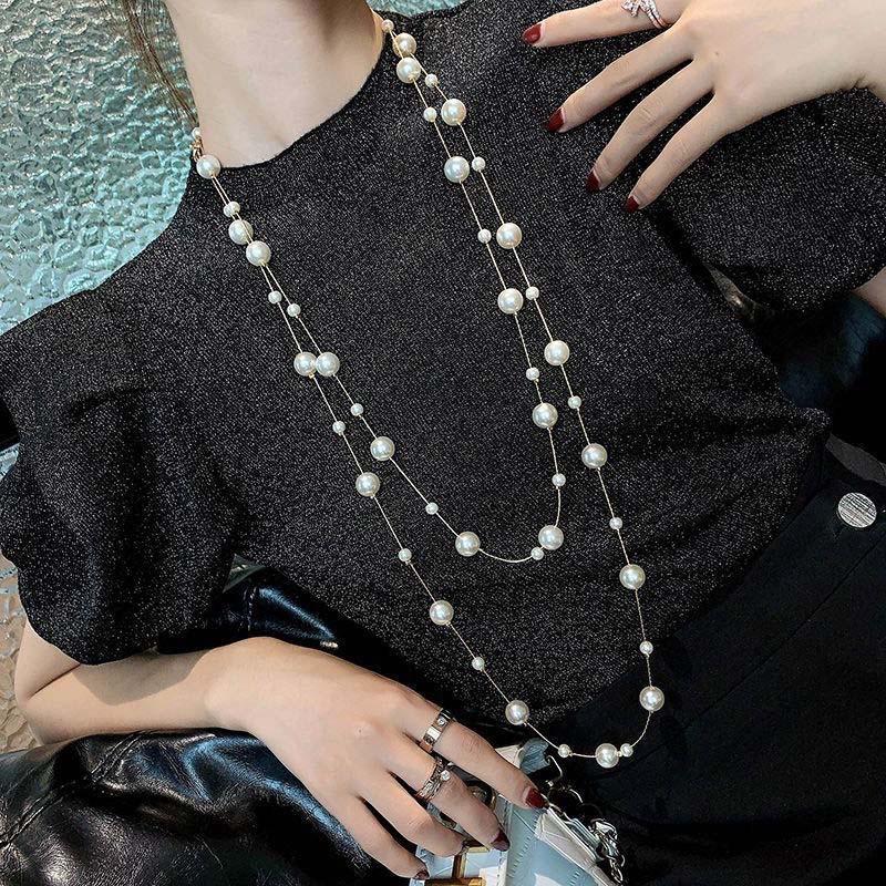 Vintage White Simulated Pearl Necklace For Women Elegant Long Double Layer Pearl Sweater Chain Necklace Jewlery Gifts 2025