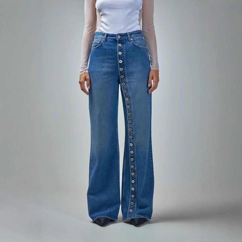 Women High Waist Wide Leg Jeans Full Button Front Side Detail Denim Pants Casual Loose Fit Trousers