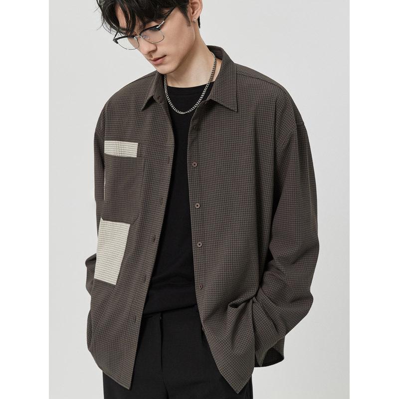 

Мужская повседневная рубашка в клетку с длинным рукавом 2024 года в корейском стиле с контрастной строчкой на весну и осень Medium кофейный