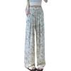 High-waisted ink and wash floral ice silk narrow wide-leg pants for children's summer drape and thin straight skirt pants loose trousers thin