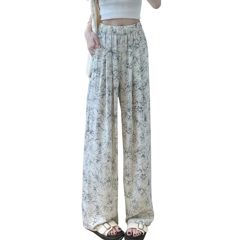 High-waisted ink and wash floral ice silk narrow wide-leg pants for children's summer drape and thin straight skirt pants loose trousers thin