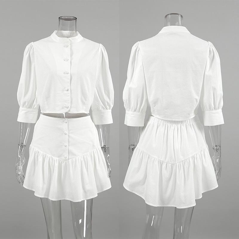 Costume elegante albe cu fustă, femei, cămăși cu mâneci bufante + fuste cu volane, bumbac și in, ținute de vacanță, seturi de două piese