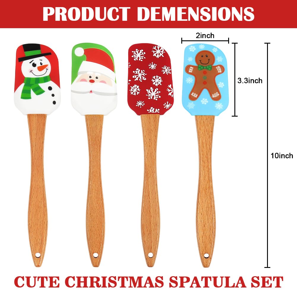 4 Pcs Christmas Silicone Spatula, , Christmas Spatulas with Wooden Handle for Baking, Supplies for Cooking, Gifts and Decoration