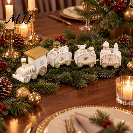 Christmas Party Table Centerpieces Wooden Train Decoration, Painted Mini Ornament with Snowman Tree Reusable Holiday Decorations Bear, Tabletop Mantel