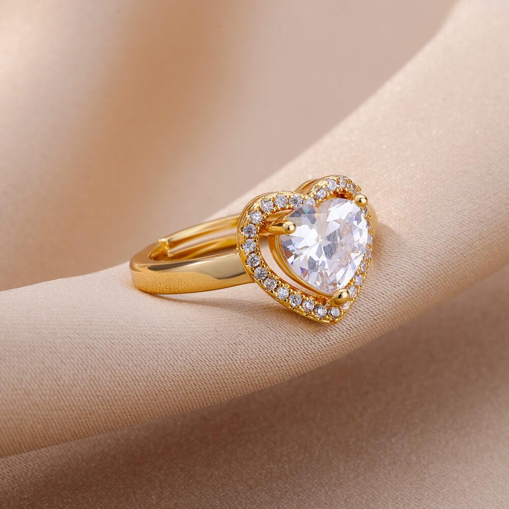 Stainless Steel Heart Rings For Women Zircon Gold Plated Heart Adjustable Ring Femme Wedding Party Accessories Jewelry Gift
