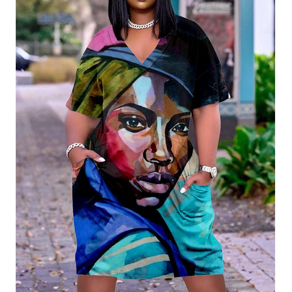 2026 digital printing cross-border temperament commuter skirt pullover V-neck dress