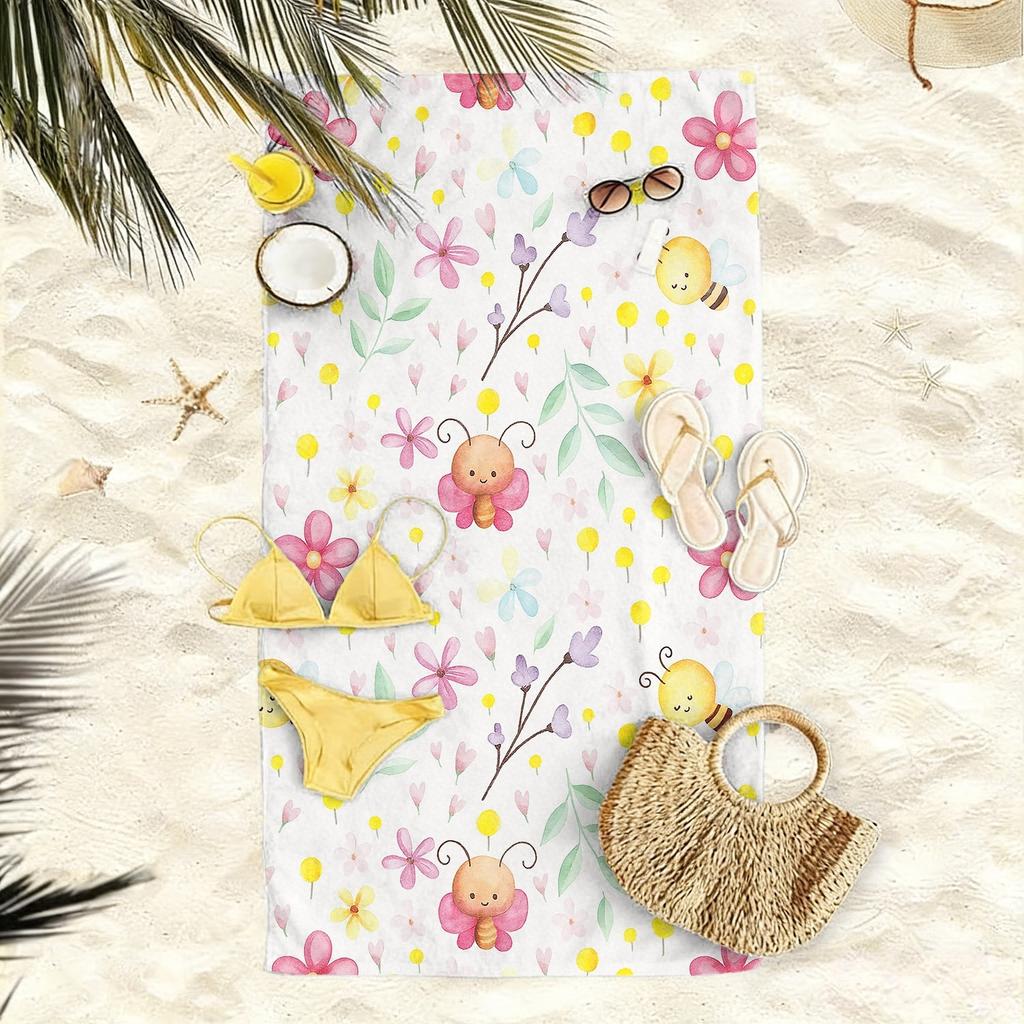 Oversized Soft Beach Towel in Cartoon Bee and Flower Style, Featuring Colorful Floral and Adorable Bee Print Patterns. Made of