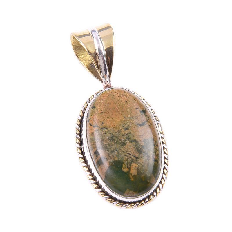 Natural Rhyolite Gemstone 925 Solid Sterling Silver Two Tone Pendant 1.25'' Q7d66