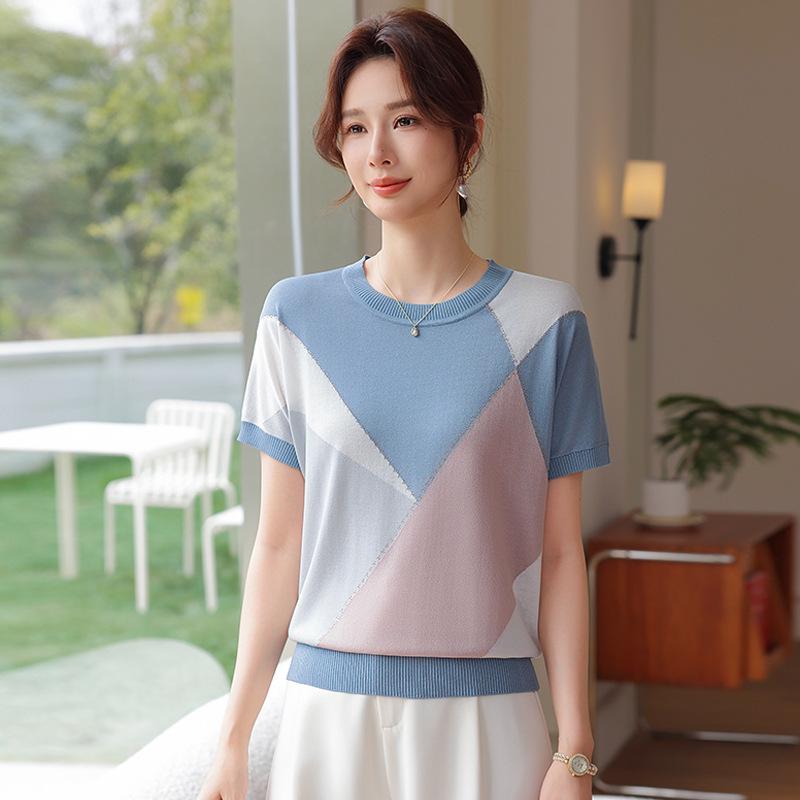 Mom's Summer 2026 Ice Silk Short-Sleeve Plus Size T-Shirt for Middle-Aged and Elderly Women - Knitted Loose Fit