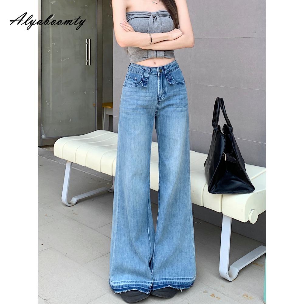 Korean Style Spring Autumn Women Light Blue Flare Jeans High Waist Solid Basic Classical Denim Pants Elegant Vintage Feminine Ladies' Jeans