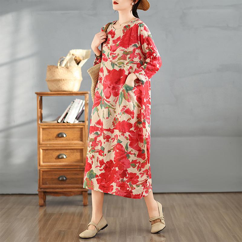 Early Spring Vintage Round Neck Long Sleeved Patchwork Artistic Loose Fit Plus Mid Length Dress