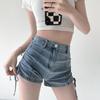 Drawstring Denim Shorts Women's Summer Design Sense High Waist Stretch Slimming Tight Wide Legs