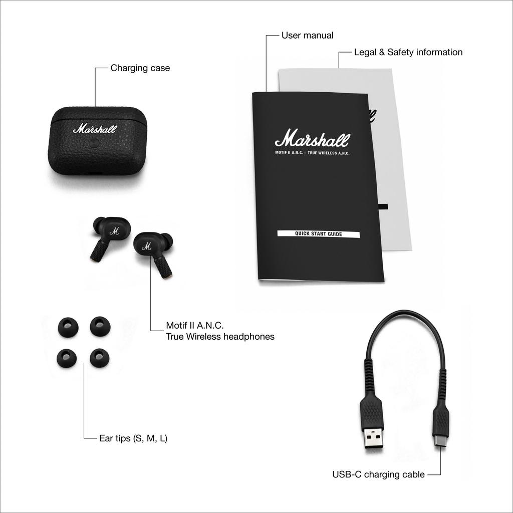 Marshall Motif II A.N.C. Noise-Canceling True Wireless Earbuds, Black, 30 Hours of Playtime, Qi Charging, and Call Support [Official Japanese Product]