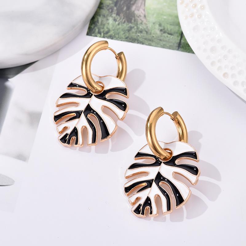 Colorful Enamel Leaf Earrings for Women Fashion Exquisite Stainless Steel Round Hoop Earrings Female Party Wedding Jewelry