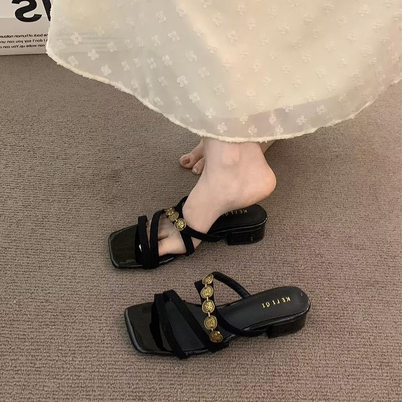 Female Large Size French Square Head Slippers Metal Medium Heel Cool Fairy Wind 2025 Summer New Gentle Outer Wear One-word Drag