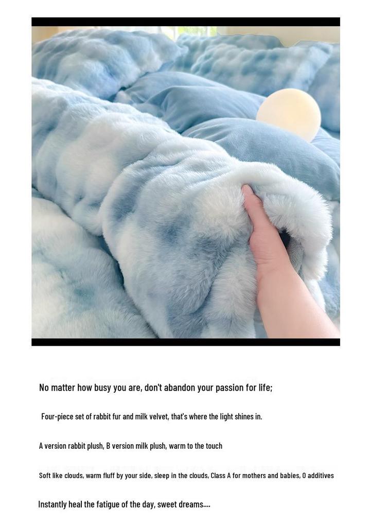 Winter Rabbit Fur & Milk Velvet Four-Piece Bedding Set with Fleece Duvet Cover - High GSM, Perfect for Dormitory.
