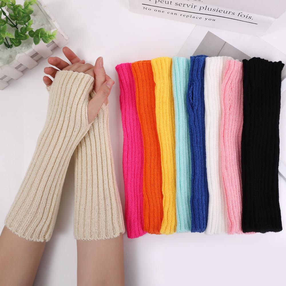 Women Long Fingerless Gloves Soft Female Glove Lolita Kawaii Mitten Winter Warmer Knitted Arm Sleeve Girls Punk Gothic Gloves