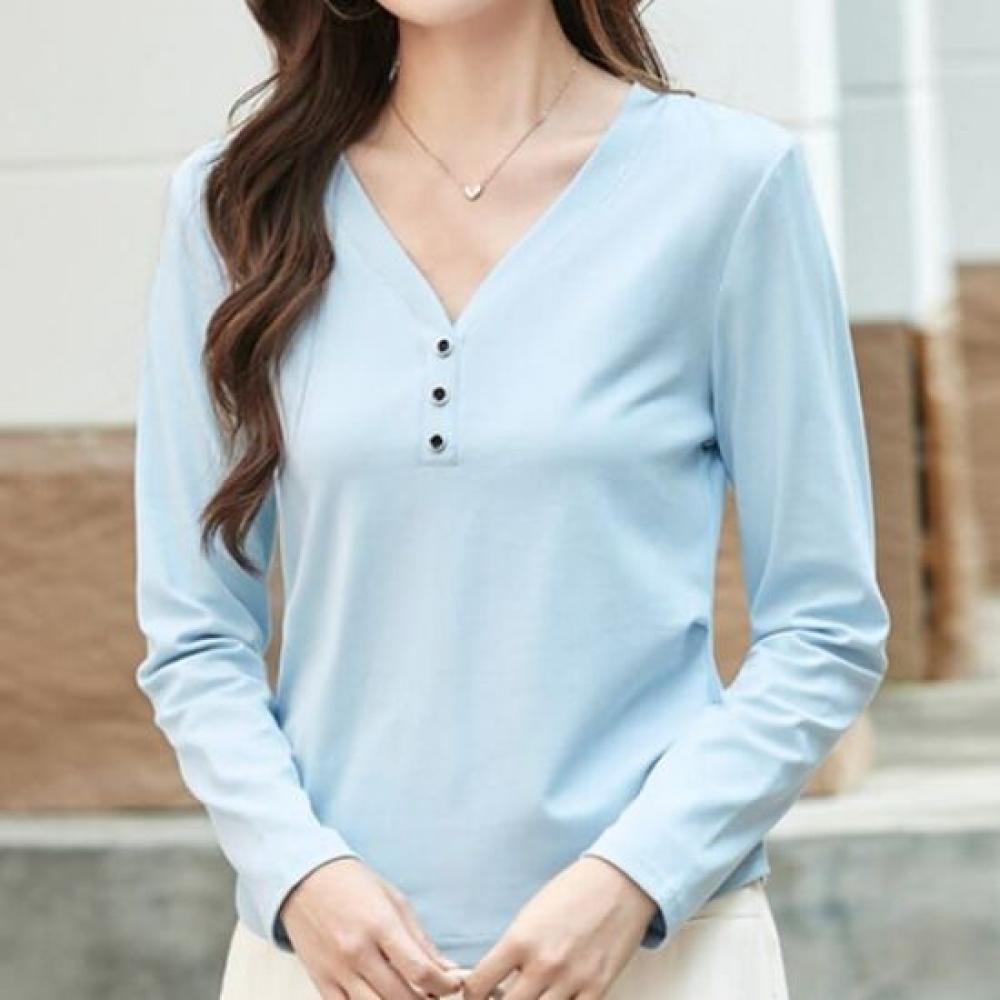 NaVaVa Women Solid BuTTon V Neck Long sleeVe T shirT nT2946