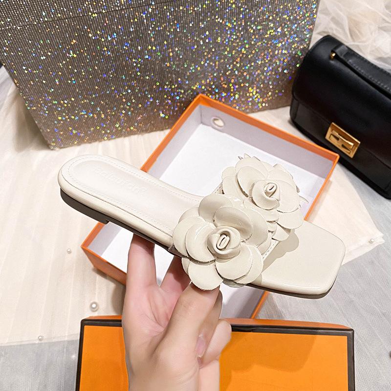 Fashion designer camellia slippers women black white mixed color slides shoes ladies flower decoration flip flops floral sandalias mujer