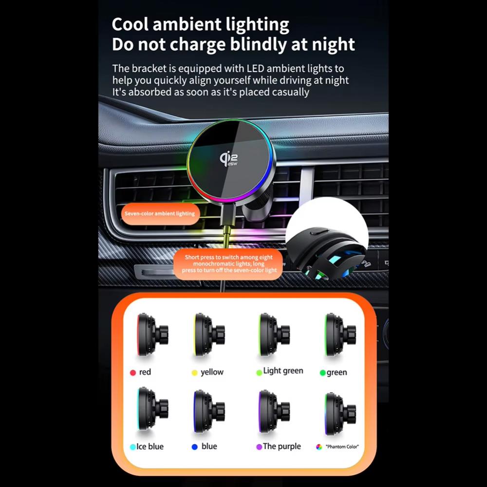 Magnetic 25W Wireless Car Charger Air Vent Phone Holder Stand with  RGB Ambient Light For iPhone 17 16 Pro Max 15 14 13
