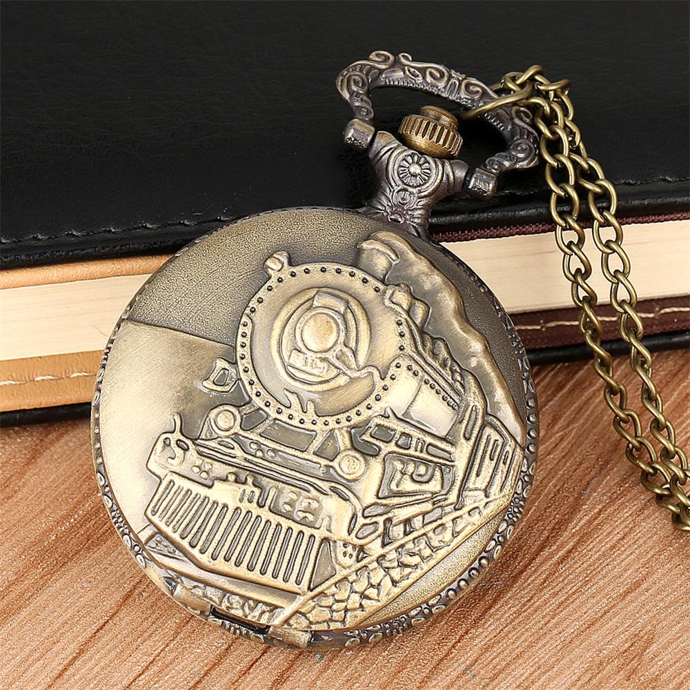 Vintage Classic Bronze Steam Train Design Pocket Watch with Chain Necklace Quartz Pocket Watch Gift Clock Chain for Men Kids