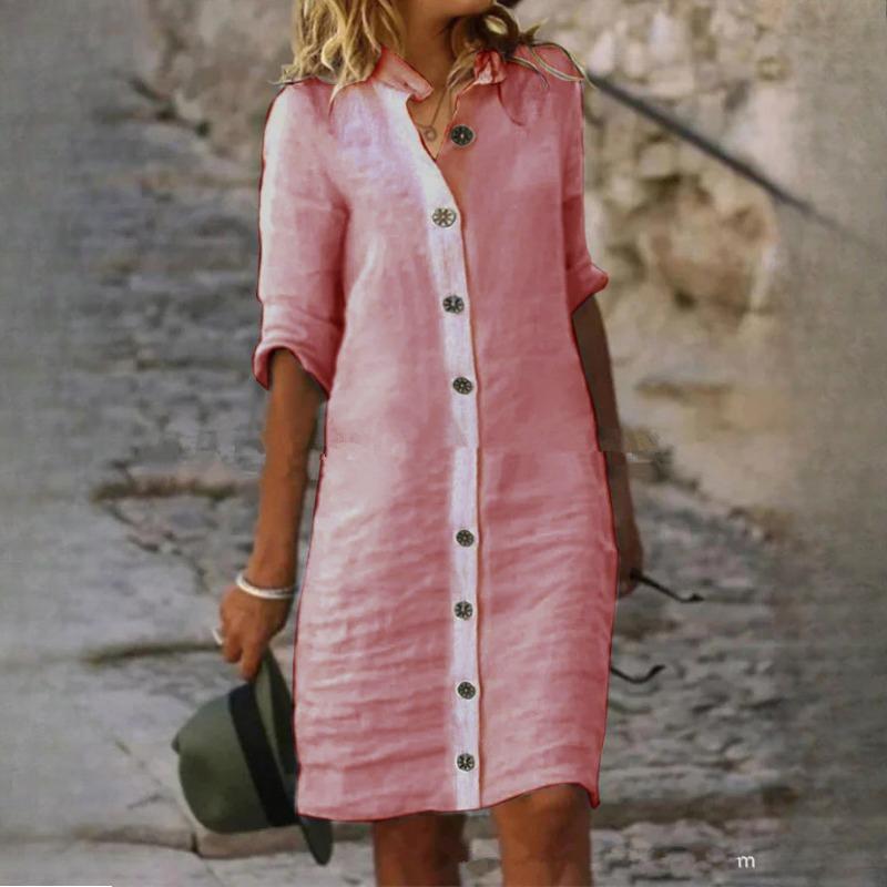 QICED Women's Spring Summer Shirt Neck Mid Sleeve Cotton Linen Dresses