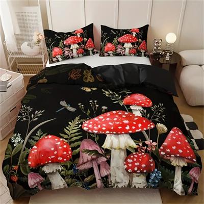 3-teiliges Queen-Size-Bettwäscheset mit rotem Pilzprint - Weiche, atmungsaktive und bequeme Polyesterbettwäsche mit abstraktem