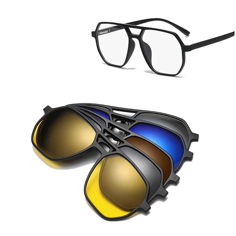 Large Frame Polarized Myopia Sunglasses 6 In 1 Prescription Magnetic Clip Men Women Glasses Optical Eyewear -0.5 To -6.0