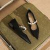 29803 [sheepskin] pointed flat shoes women's 2025 new pearl one-word with thick heel Mary Jane single shoes