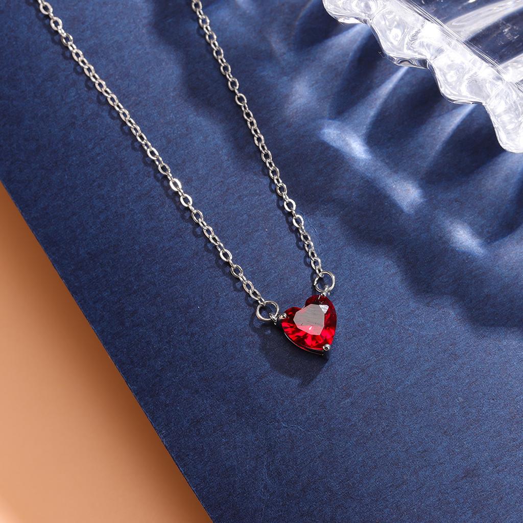 Red Peach Fashion Heart Love Crystal 925 Sterling Silver Clavicle Chain Pendant Necklaces