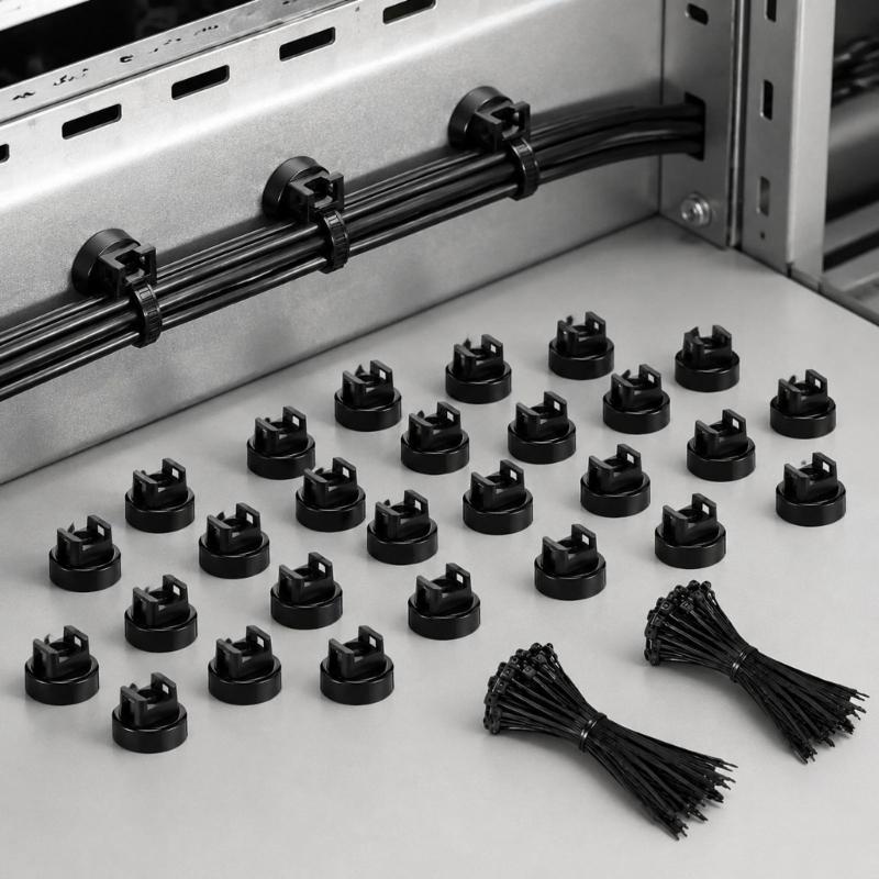Repositionable Magnetic Cable Bases, 28 Mounts for Organizing Bundled Cords with Standard Fastening Straps on Compatible Metal Equipment