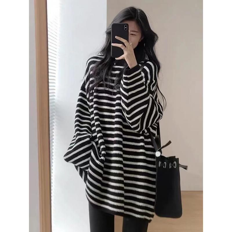 

Korean Style Mid-Length Black & White Striped Sweater - Women s Soft, Loose Fit, Versatile Autumn/Winter Base Layer One Size