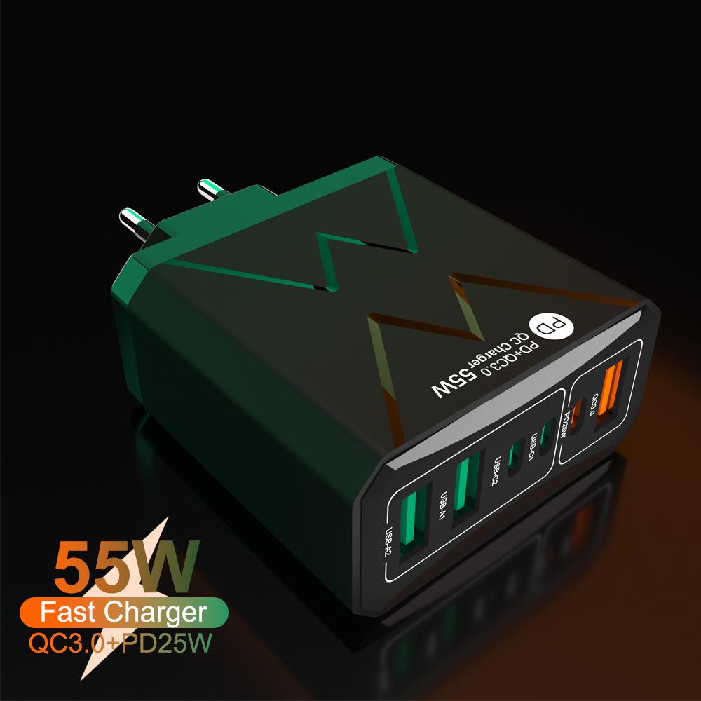 PD 25W 6-Port Fast Charger: 3 USB, 3 PD 55W with QC3.0 – EU, UK, AU Plugs
