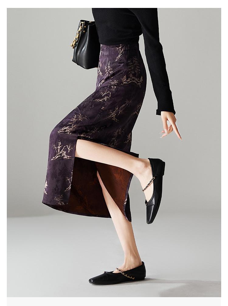 New Chinese Style Printed High Waisted Split Skirt 2026 Spring and Autumn Temperament Commuting Versatile Mid Length Skirt