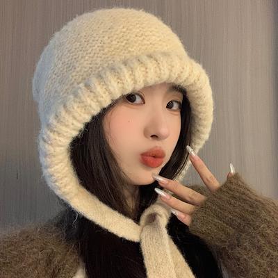 Korean Women Balaclava Hat Winter Warm Knit Ear Protection Beanies Solid Color Female Girl Pullover Hats Bonnet
