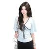 [Lyocell] Korean contrasting color strap horn medium-sleeved T-shirt women's summer new fashion slim-fitting top