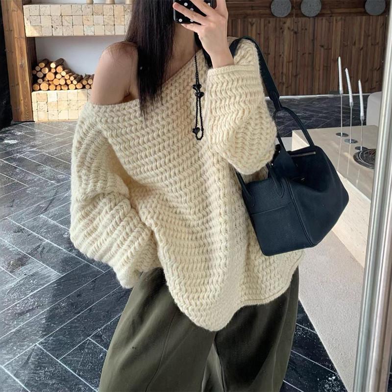 Long Sleeve Coarse Needle Sweater for Women Loose Medium Length Solid Color Knitted Sweater