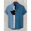 Men's Blue and White Color-blocked Short-sleeved Shirt with Black Cat Print, Collared Casual Outdoor Vacation Hawaiian Shirt.