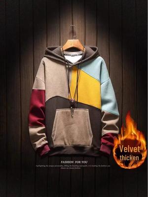 Men's Fleece-Lined Colorblock Hooded Sweatshirt - Autumn/Winter Loose Fit Casual Jacket for Teens and Couples