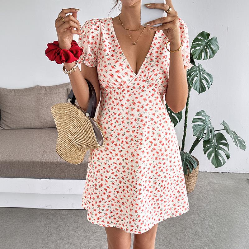 Summer 2026 Floral Print V-Neck Backless Dress – Women's Short-Sleeved Skirt